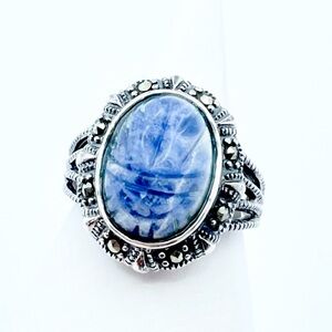 Carved Sodalite Scarab Sterling Silver Ring - Egyptian Style Carved Beetle